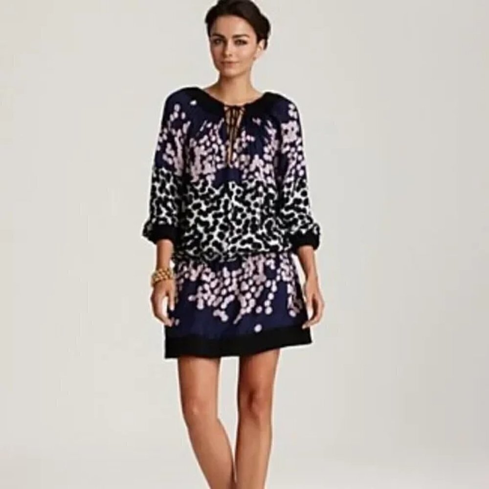 Diane Von Furstenberg Mikino Printed Chiffon Tunic Dress Black Polka Dot Sz 2